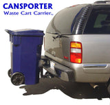 Haul a single trash cart to the street with your car, truck, UTV, ATV or Golf car. Cart is transported elevated above ground.  No heavy lifting required. Easily move your carts with a Cansporter.  The original trash cart carrier..