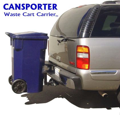 Haul a single trash cart to the street with your car, truck, UTV, ATV or Golf car. Cart is transported elevated above ground.  No heavy lifting required. Easily move your carts with a Cansporter.  The original trash cart carrier..